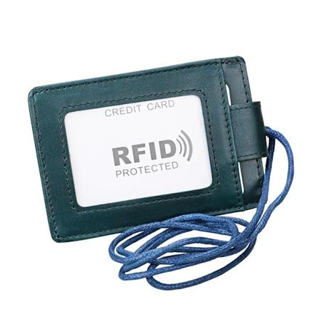 Aito nahkainen ID-korttikotelo RFID-suojauksella rinnassa riippuvaan työ- ja opiskelijakortin pidikkeeseen Blue