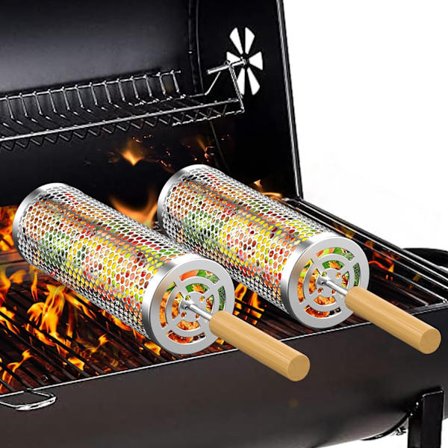 2 stk. Rullende grillkurv med håndtag (9,4" x 3,9") Indlejrede grillredskaber, grilltilbehør, grillkurve til udendørs grill og camping, grøntsager