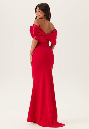 Goddiva-Bardot Satin Bow Back Maxi Dress-M (UK12)