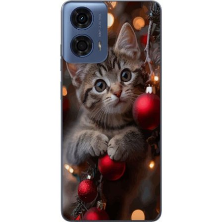 Motorola Moto G24 Gjennomsiktig deksel Søt kattunge blant julepynt og varme lys med nysgjerrige øyne som ser opp, omgitt av dekorasjoner som skaper