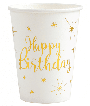 Muggar Vit & Guld Happy Birthday, 10-pack - Partyninja.se