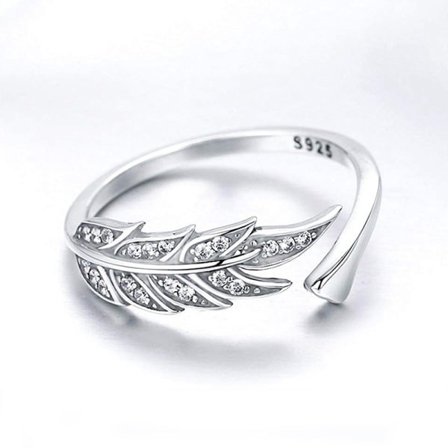 IC 925 Sterling Silver Fjäderring för Kvinnor Justerbar Ring Fjäderdräkt Ring för Flicka Öppen Finger Blad Ring Present