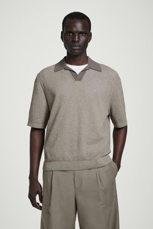 COS Men's Open Knit Bouclé Polo Shirt in Brown