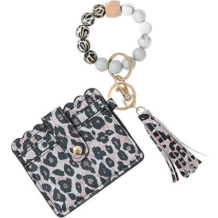 Puupuuhelmiä ja silikonia sisältävät rannekkeet avaimenperille, korttikotelot, nahkaiset tupsut avaimenperille naisille, Leopard-kuvio