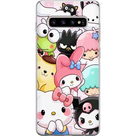 Kompatibelt Mobildeksel til Samsung Galaxy S10+ Tett mønster av søte figurer med store øyne i ulike farger og uttrykk med LABUBU-tekst