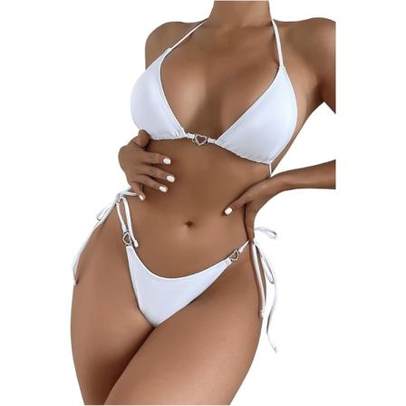 WJSM Dame Halterneck Tie Side Triangle Bikinisett Høy Skjæring 2 Delers Bikini Badetøy Rhinestone White M