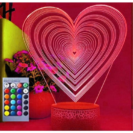 WJ 3D Kärlekshjärta Nattlampa Illusion 16 Färger Byrå Skrivbordsdekoration Lampor Present med Akrylplatta ABS-bas USB-kabel Leksak