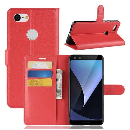 Google Pixel 3 beskyttelsesetui i kunstlæder med Litchi overfalde samt kortlommer - Rød