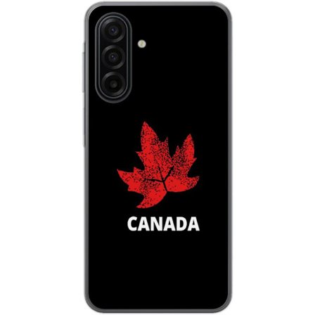 Kompatibelt Mobildeksel til Samsung Galaxy A17 5G Grafisk lønnebladsymbol i rødt mot svart bakgrunn med tydelig kanadisk referanse og minimalistisk