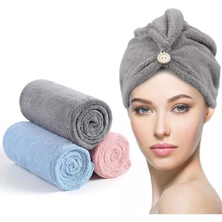 3-pak hårtørrende håndklæder, hurtigtørrende håndklæde hårhætte med knapper, superabsorberende twist hår turban med knapdesign.