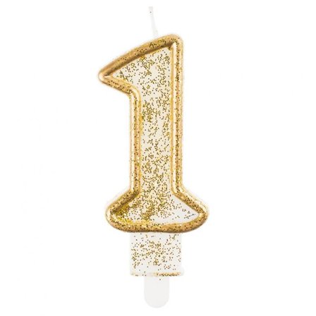 Kultainen glitter kakkukynttilä "0-9" Numero 1