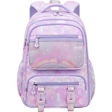 Farverig skoletaske til piger, bogtaske til teenagere med sommerfugl & regnbue rosa