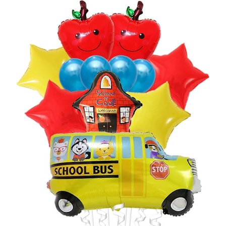 Stort ballongsett for skolestart - Pakke med 12 | Skolebussballonger og røde epleballonger for dekorasjoner til første skoledag | Velkommen tilbake 