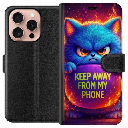 Yhteensopiva Lompakkokotelo Apple Apple iPhone 16 Pro Vihainen pörröinen sininen kissa, jossa teksti "Pidä loitolla puhelimestani" neonväreillä j