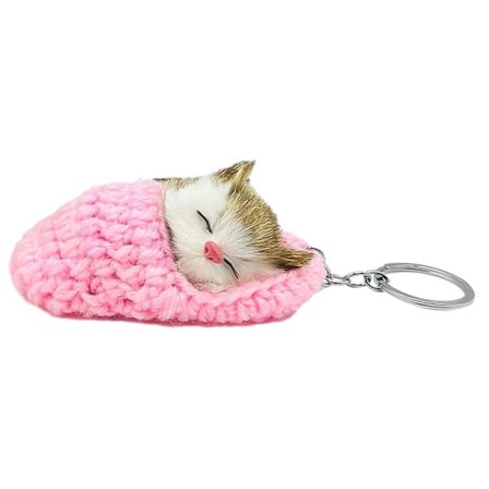 Søt sovende katte-plysj nøkkelring -