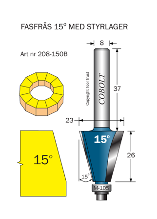 Cobolt 208-150B Kantfres 15° D=23 L=26 F=6,5 TL=73 S=8, Maskintilbehør & forbruk