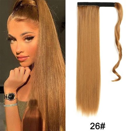 22" syntetiska hästsvansförlängningar linda runt lång rak falsk hästsvans Mjuk klämma i hårförlängningar Pony Tail falskt hår