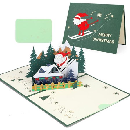 3D Pop Up Card Julkort, vackert jultomte gratulationskort med kuvert(ski)