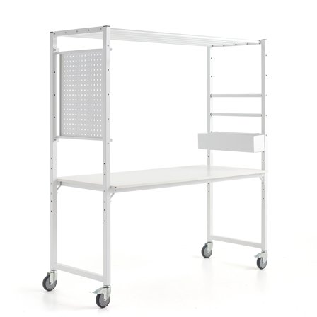 Mobiler Tisch TEAMWORK, Zubehörbox, Werkzeugtafel, weiß