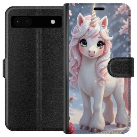 Kompatibelt Lommeboketui til Google Pixel 6a Pastellfärgad enhörning med regnbågsmane och stora ögon i sagolik vintermiljö