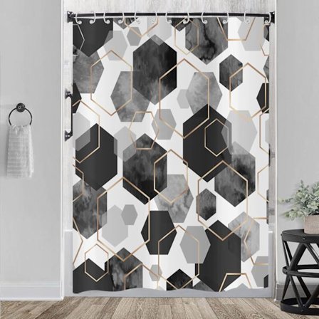 Svart Duschdraperi 180x200, Modernt Geometriskt Hexagon Abstrakt Konst Vattentätt Polyestertyg Tvättbart Badrumsdraperi med Krokar