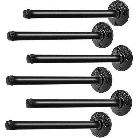 Sett med 6 svarte metalliske industrielle rørfester for rustikke flytende trehyller