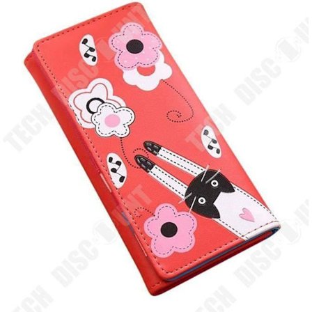 Plånbok - TD - Mönster Katter Blommor - Röd - Läder - 18 cm x 9 cm