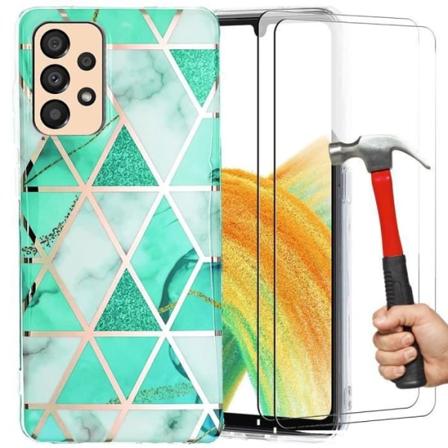 Fodral + 2 härdade glasögon för Samsung Galaxy A33 5G, tunt elegant, stötsäkert turkos marmorfodral Turkos