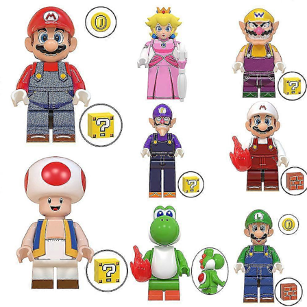 8-pack Super Mario Bros Mini Actionfigurer Luigi Mario Cartoon Spel Minifigur Byggstenar Set Små Figurer Leksaker För Barn Pojkar Flickor