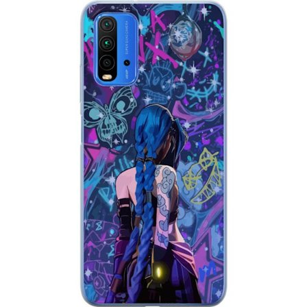 Yhteensopiva Puhelinkuori Xiaomi Xiaomi Redmi Note 9 4G Värikäs graffitipiirros, jossa on sinisellä hiuksilla varustettu hahmo kaupunkimaisessa neo