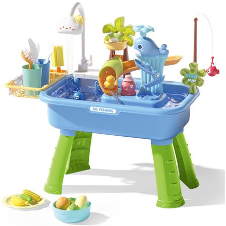 Vattenbord med pump, Leksakskök för barn 4-8 år, Leksaksspis med rinnande vatten och elektrisk kran blå_qcx