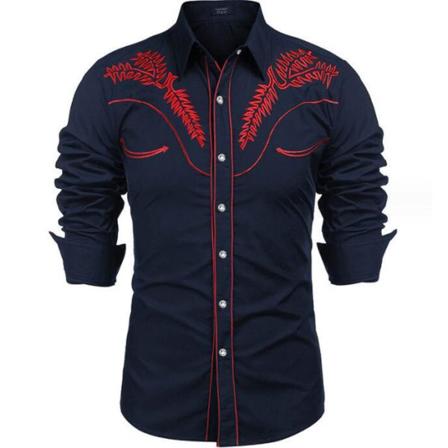 Broderad långärmad Slim Fit-skjorta för män Navy Blue 6XL