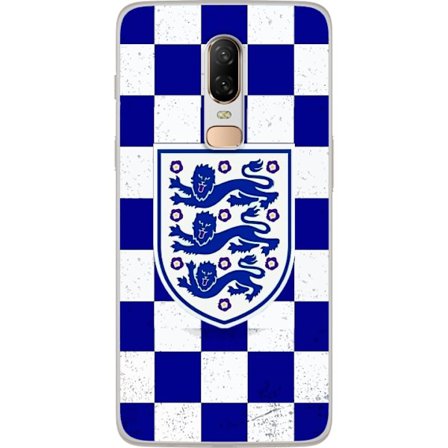 Kompatibel Mobilcover til OnePlus OnePlus 6 Grafisk skakternet mønster i blåt og hvidt med et klassisk heraldisk emblem, retro-inspireret sport- og