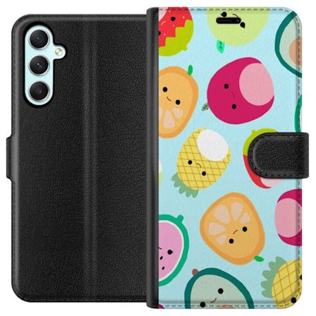 Kompatibel Tegnebogsetui til Samsung Galaxy A34 Mønster af kawaii frugter som jordbær citron ananas og avocado på lyseblå baggrund