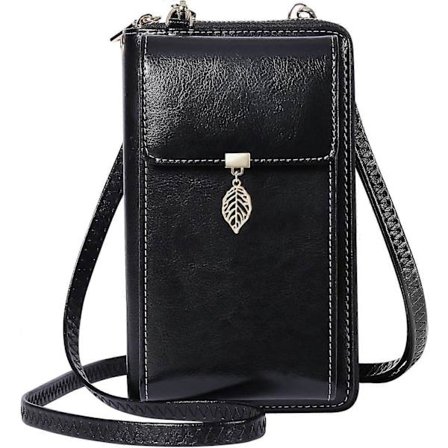 Dame (Sort) Læder RFID-blokerende Lille Crossbody Taske med 12 Kortlommer og Møntlomme med Lynlås Pung Dame Taske