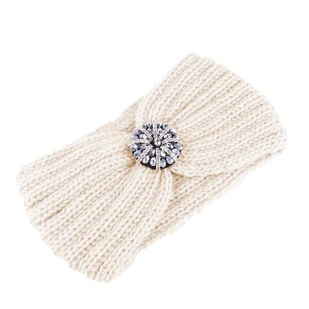 Stickat Pannband Med Vacker Juvel Diamanter Stenar Höst Vinter Beige One Size