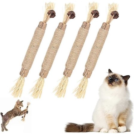 4 stk. tyggepinde, naturligt katte legetøj, katteurt legetøj til katte, kattepinde, katte tandpleje, katte tandrensning, killing tandfrembrud og 