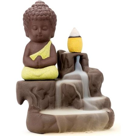 Røgelsebrænder, røg, vandfald, tilbagesvalingsstativ, keramisk porcelæn, Buddha-statue, lille munktårn, konisk stang, askeopsamler, med 20 