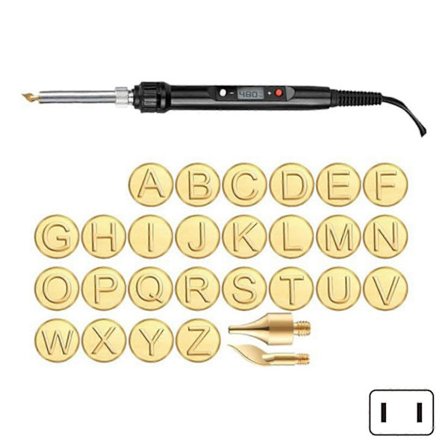 Puunpolttosarja juotosraudalla ja kirjain-numerokuparileimasimilla kohokuviointiin, kaiverrukseen, tee-se-itse-projekteihin