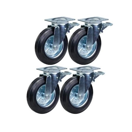 Roska-astiat - Kumi - 200mm - 4 kpl - Kääntöpyörät jarrulla - 800kg kuormitus