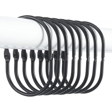 10 stk Dusjforhengskroker (Svart), Ovale Snap-on Dusjringer for Gardin, Glir Smidig Dusjkroker