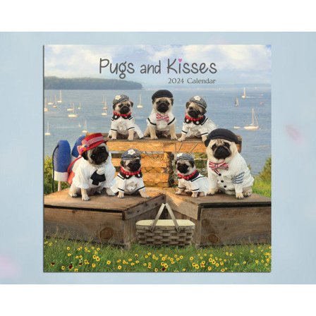 2024 Vægkæleneder - Mops Kalender - Mops og Kys 2024 Hængende Månedlig Vægkreatur Kalender 2024 Model