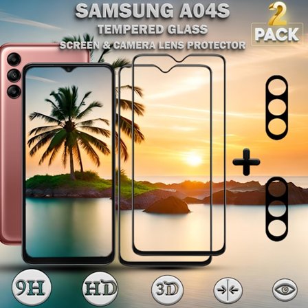 2-Pack Samsung A04s Skärmskydd & 2-Pack linsskydd - Härdat Glas 9H - Super kvalitet 3D