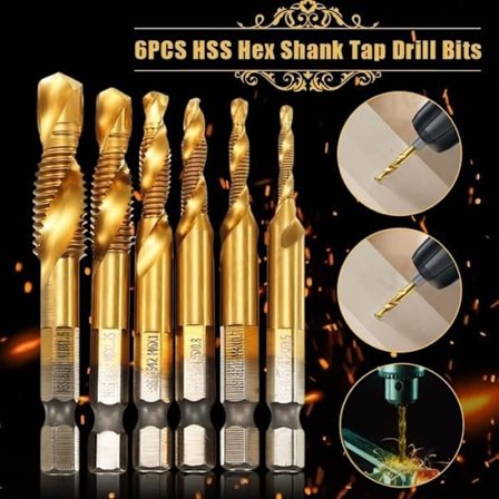 Spiralbor og gjengesett, HSS bor og gjenger med metrisk gjenge M3-M10, titan, 6 deler - JA