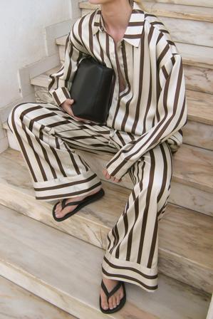 NA-KD Pantalon en satin à taille mi-haute élastique - Ensembles d'été - Stripe - EU 40
