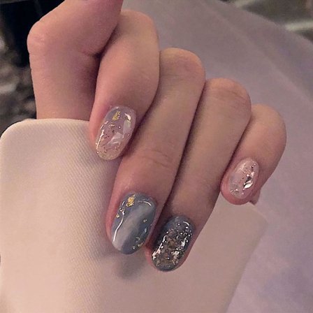 24 st Falsiga Naglar Kvadratiska Kort Fransk Spets Blå Marmor Glansiga Press-on Naglar Akryl Falska Naglar Fulltäckande Glansiga Klistermärken med 