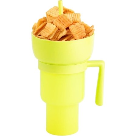Snack- och dryckeskopp 2 i 1, Stadium Tumbler, Snackskål med sugrör, Återanvändbar snackskopp och gul