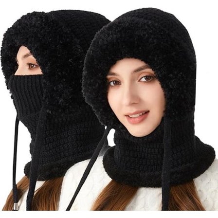 3-i-1 damehatt, skjerf og ansiktsskjerm - svart hatt, omkrets 55-60 cm