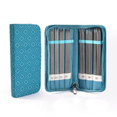 20 cm strømpepinner i rustfritt stål med etui