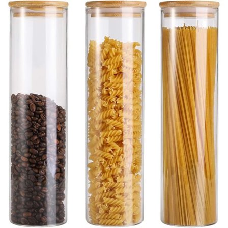 3 Pakning Glass Pasta Oppbevaringsbeholdere - 1L Glass Lufttette Matlagringsglass med Bambuslokk, Høye Spaghetti Glass Sett